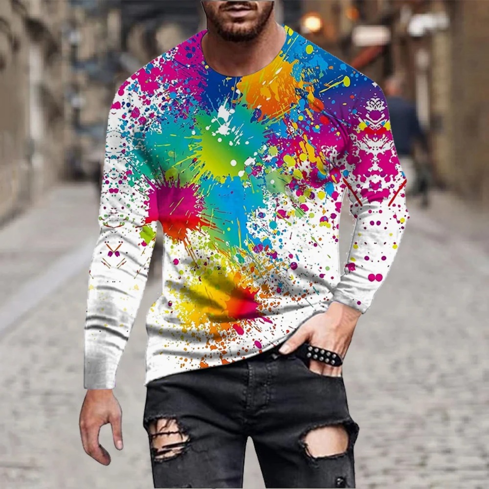 3D Printing Services - เสื้อยืดแขนยาวพิมพ์ลาย 3D ลายสีรุ้งสำหรับผู้ชาย เสื้อยืดลายกราฟฟิตี้หมึกสีสันสดใส ศิลปะนามธรรมแปลกใหม่ เสื้อแขนยาวลำลอง