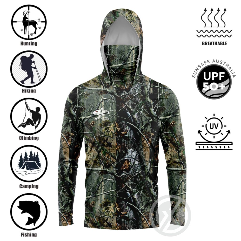 3D Printing Services - เสื้อตกปลาแบบมีฮู้ด UPF50+ พร้อมผ้าคลุมหน้าในตัว ลายพิมพ์ 3D รูปปลาฉลาม