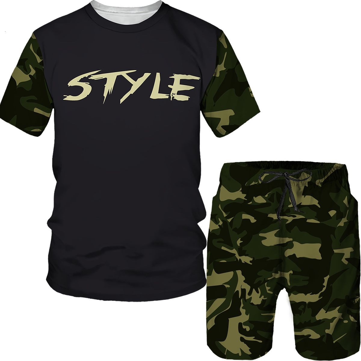 3D Printing Services - ชุดลายพรางผู้ชาย เสื้อยืดพิมพ์ลาย 3 มิติ กางเกงขาสั้น ชุด