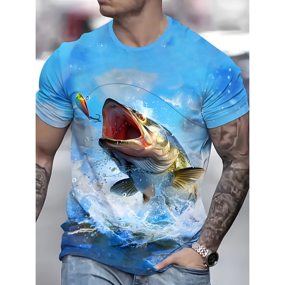 3D Printing Lure - เสื้อยืดพิมพ์ลายปลากระโดด 3 มิติ สีฟ้าสดใสสำหรับผู้ชาย เสื้อแขนสั้น เสื้อผ้าที่จำเป็นสำหรับเพื่อนที่ชอบตกปลา